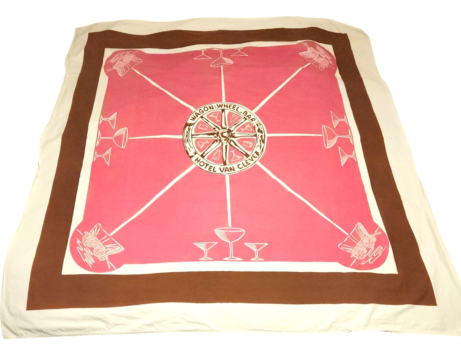 Vintage Tablecloth Hotel Van Cleve Wagon Wheel Bar Dayton Ohio Retro 1940s Vintage Tablecloth Hotel Van Cleve Wagon Wheel Bar Dayton Ohio Retro 1940s