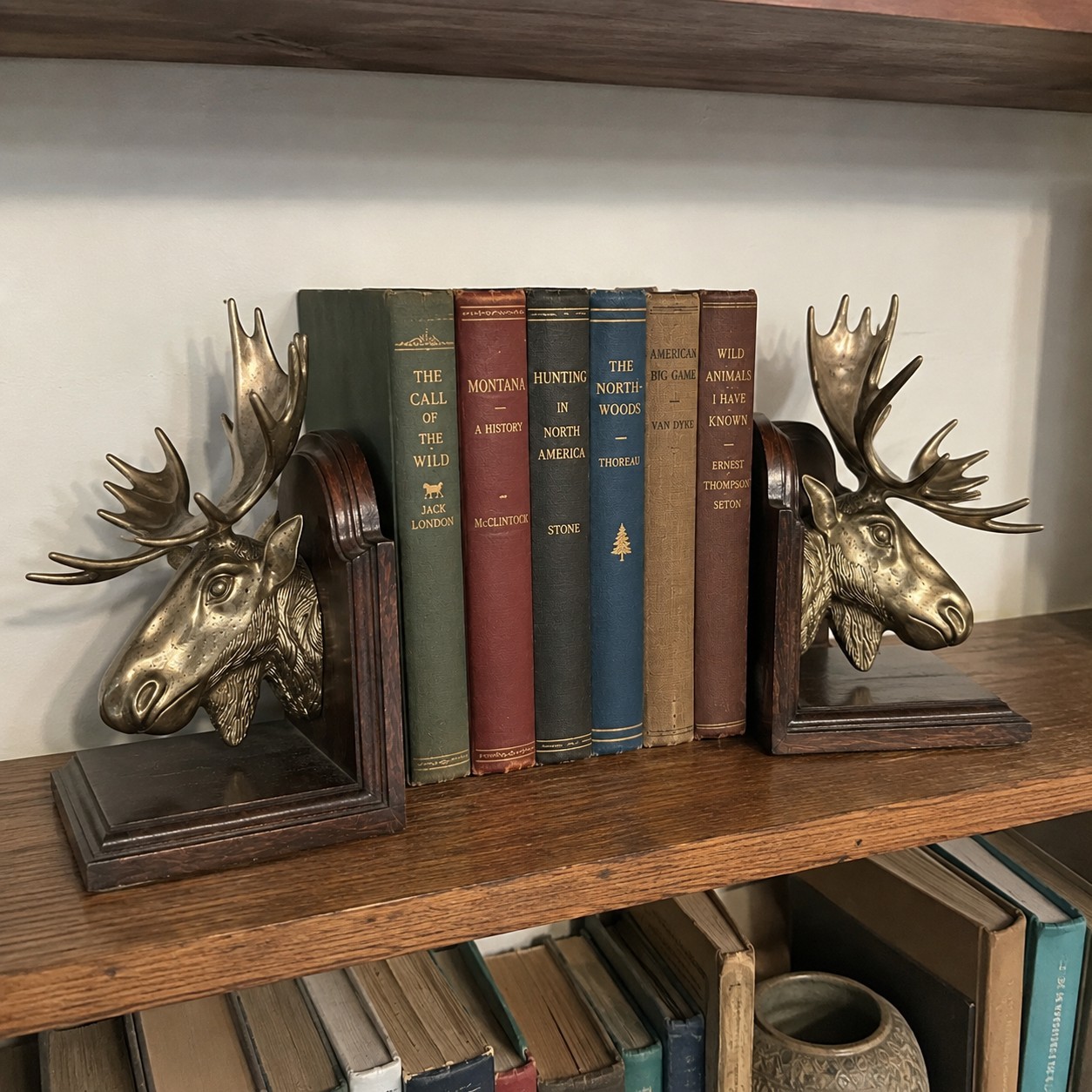 Vintage Brass Moose Head Bookends Wood Bases Lodge Cabin Decor Pair 12