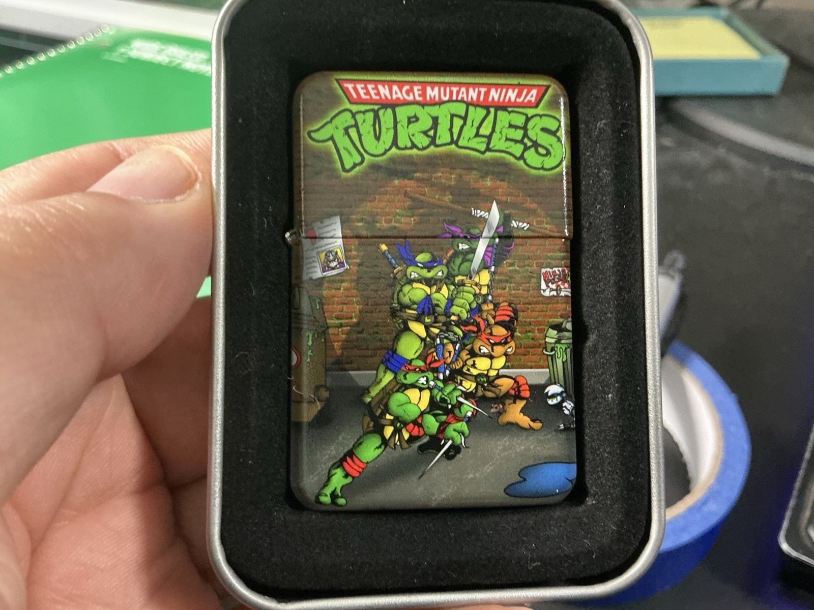Teenage Mutant Ninja Turtles Flip-Top Lighter Green Logo Graphic w/ Tin Case