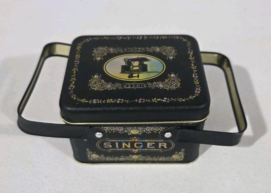 Singer Sewing Machine, Bristol Ware Co. Container Metal Tin Box, Black Handles