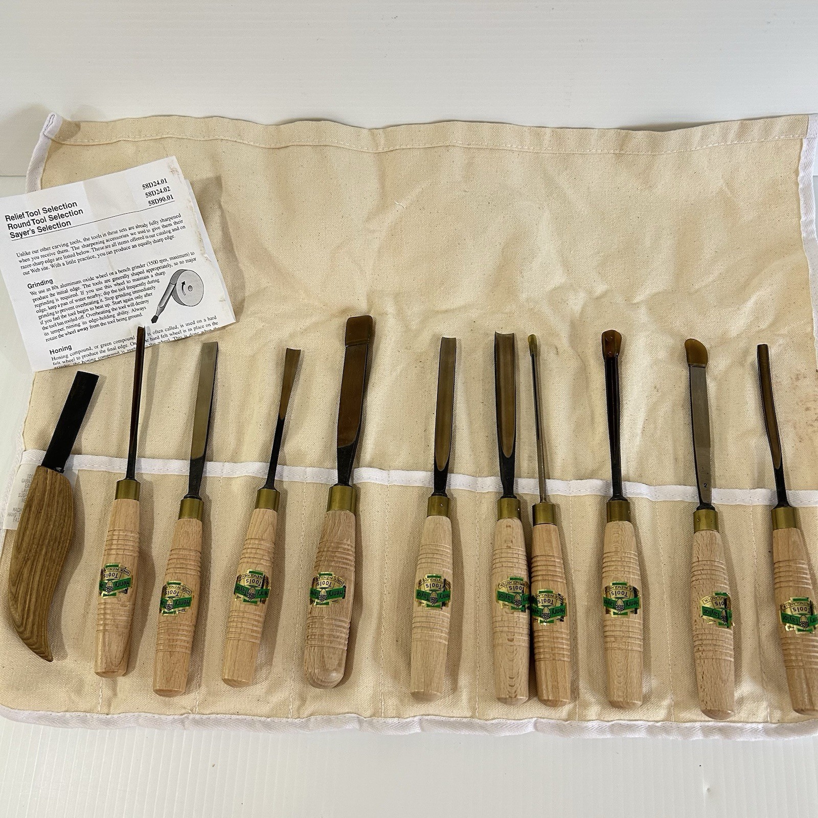 10 Piece Set Of Henry Taylor Wood Carving Tools England W/Canvas Pouch +Knife 10 Piece Set Of Henry Taylor Wood Carving Tools England W/Canvas Pouch +Knife