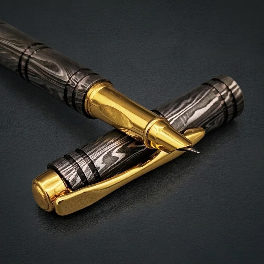 Handmade Damascus Steel Click Cap Pen Personalized Engraved Gift Wooden Box