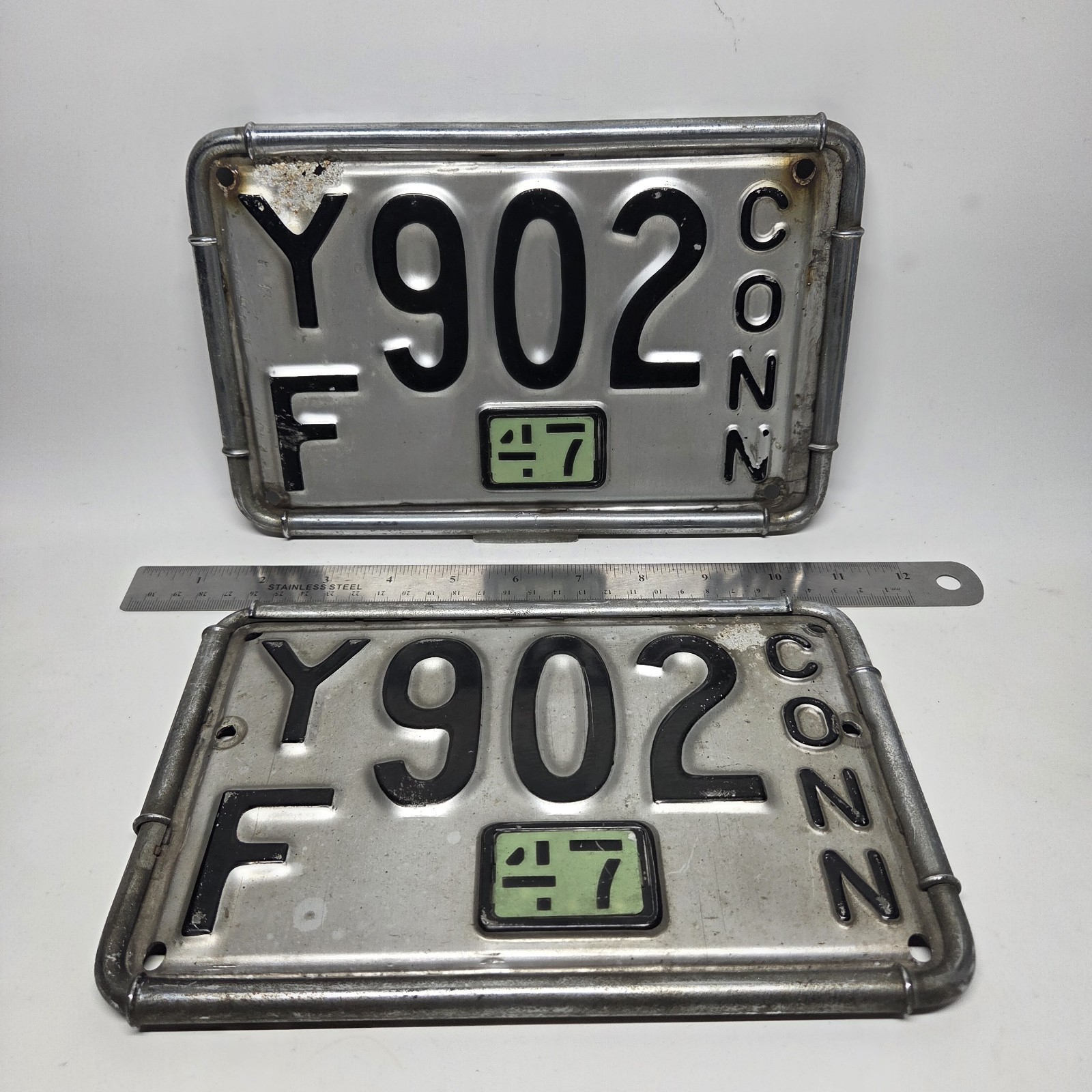 1947 Connecticut License Plate Matching Pair YF902 In Original Period Frames 1947 Connecticut License Plate Matching Pair YF902 In Original Period Frames