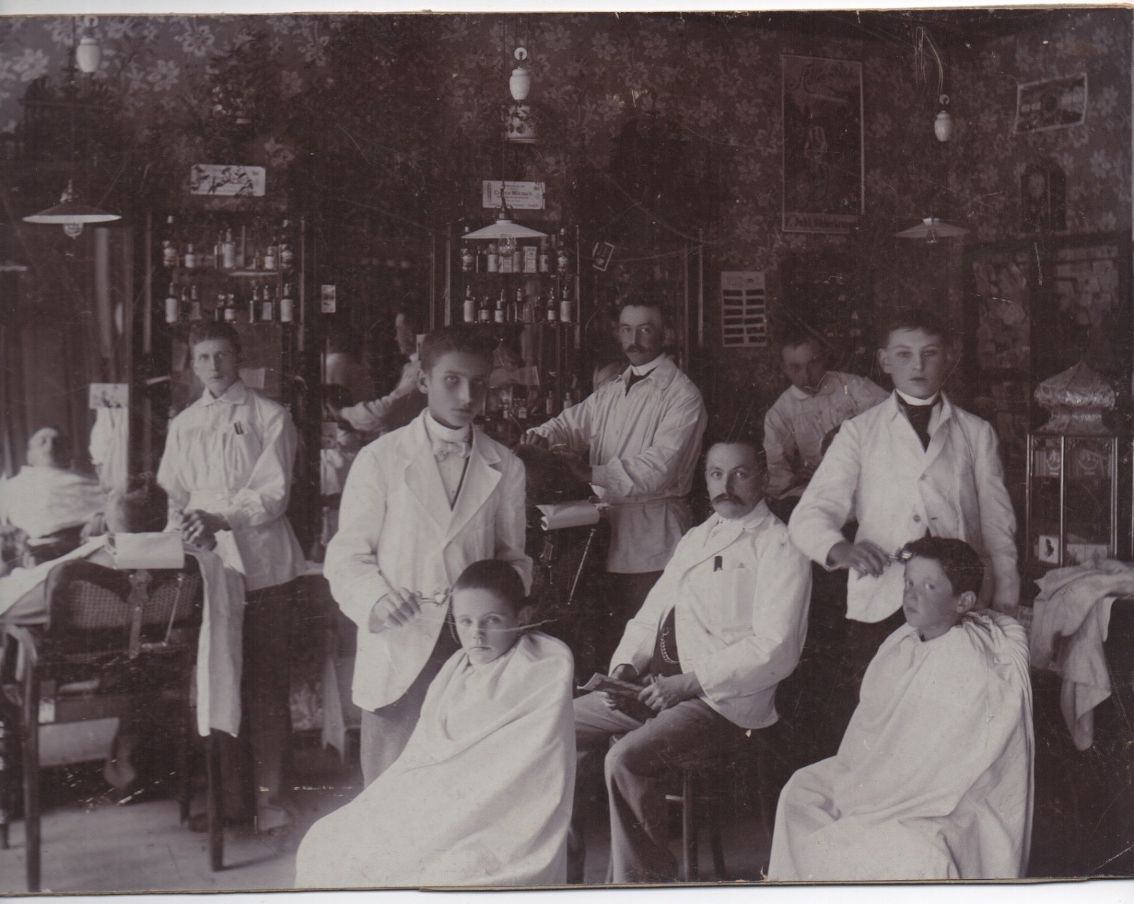 Wonderful Large 1890s Photo of European Barber Shop w/ Teenage Apprentices 