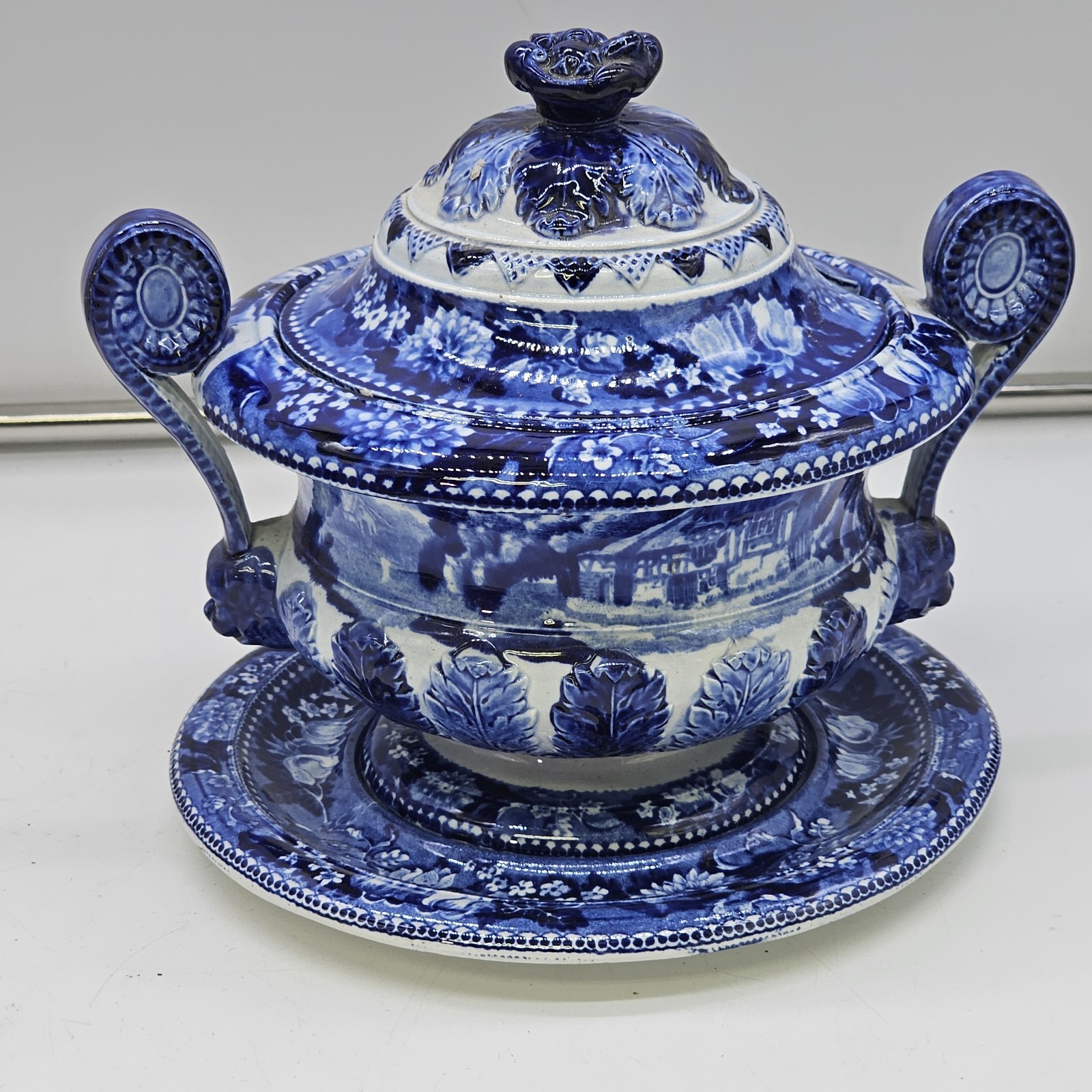 LA4 Historical Blue Staffordshire Tureen Lion Handles Adams Cottage Ducks C 1820