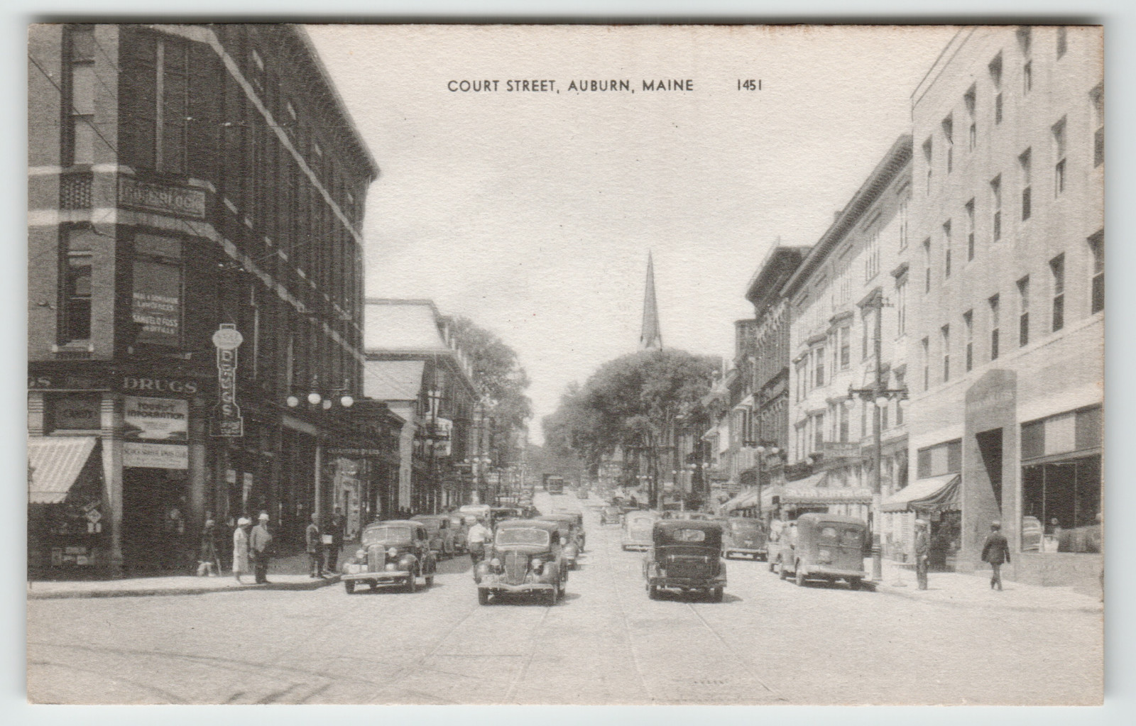 Postcard Court Street with Corner Drug Store and Vintage Cars in Auburn, ME