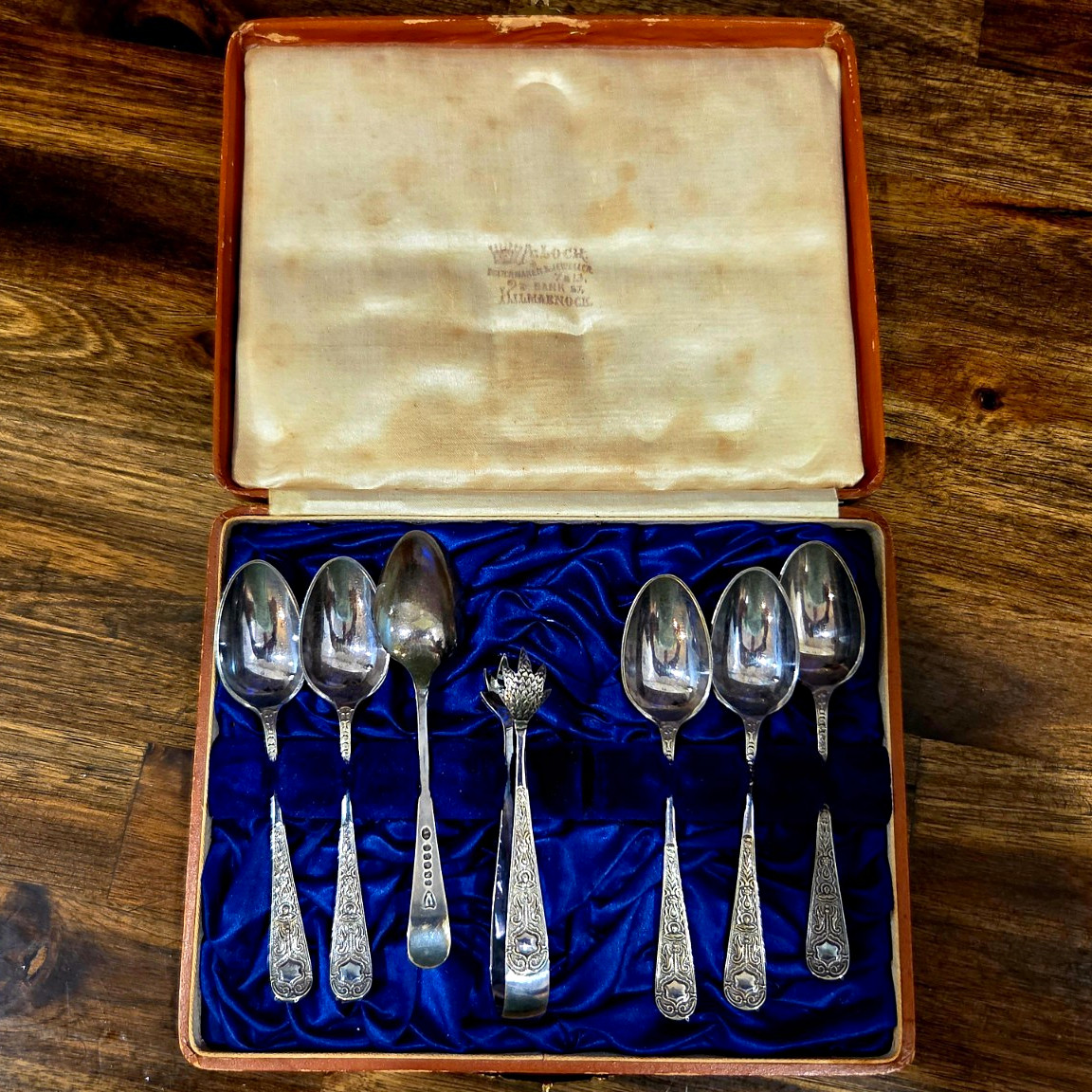 Antique S&B Sheffield EPNS A1 Silverplate 6 Teaspoons & Sugar Tong Cased Set Antique S&B Sheffield EPNS A1 Silverplate 6 Teaspoons & Sugar Tong Cased Set