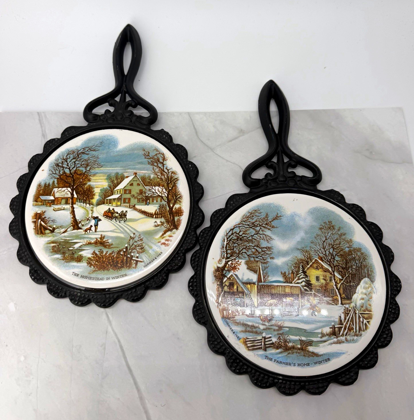 Vintage Currier & Ives Winter Trivets H & E Johnson England Set of 2 Farm Scenes Vintage Currier & Ives Winter Trivets H & E Johnson England Set of 2 Farm Scenes