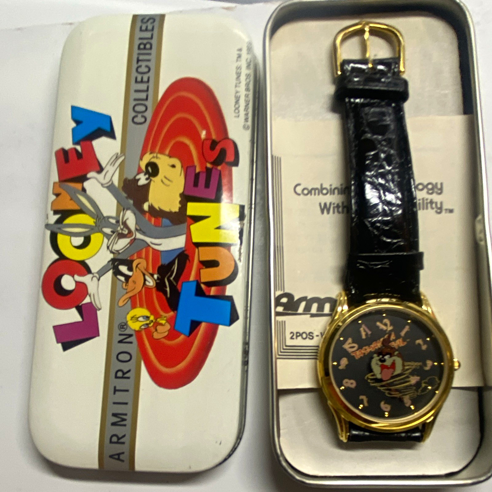 Armitron Looney Tunes Taz Quartz Watch Black Dial Leather Strap original Case Armitron Looney Tunes Taz Quartz Watch Black Dial Leather Strap original Case