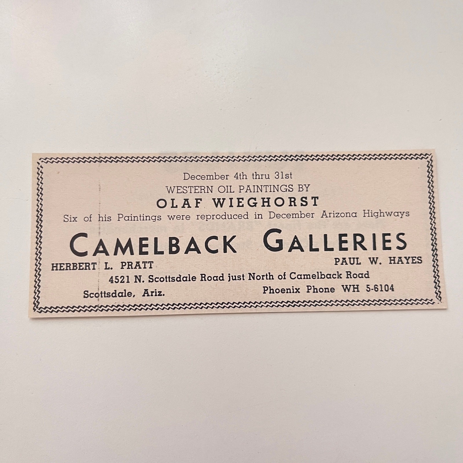 Camelback Galleries Herbert L. Pratt Olaf Wieghorst 1955 AZ Ad SAK1-M20