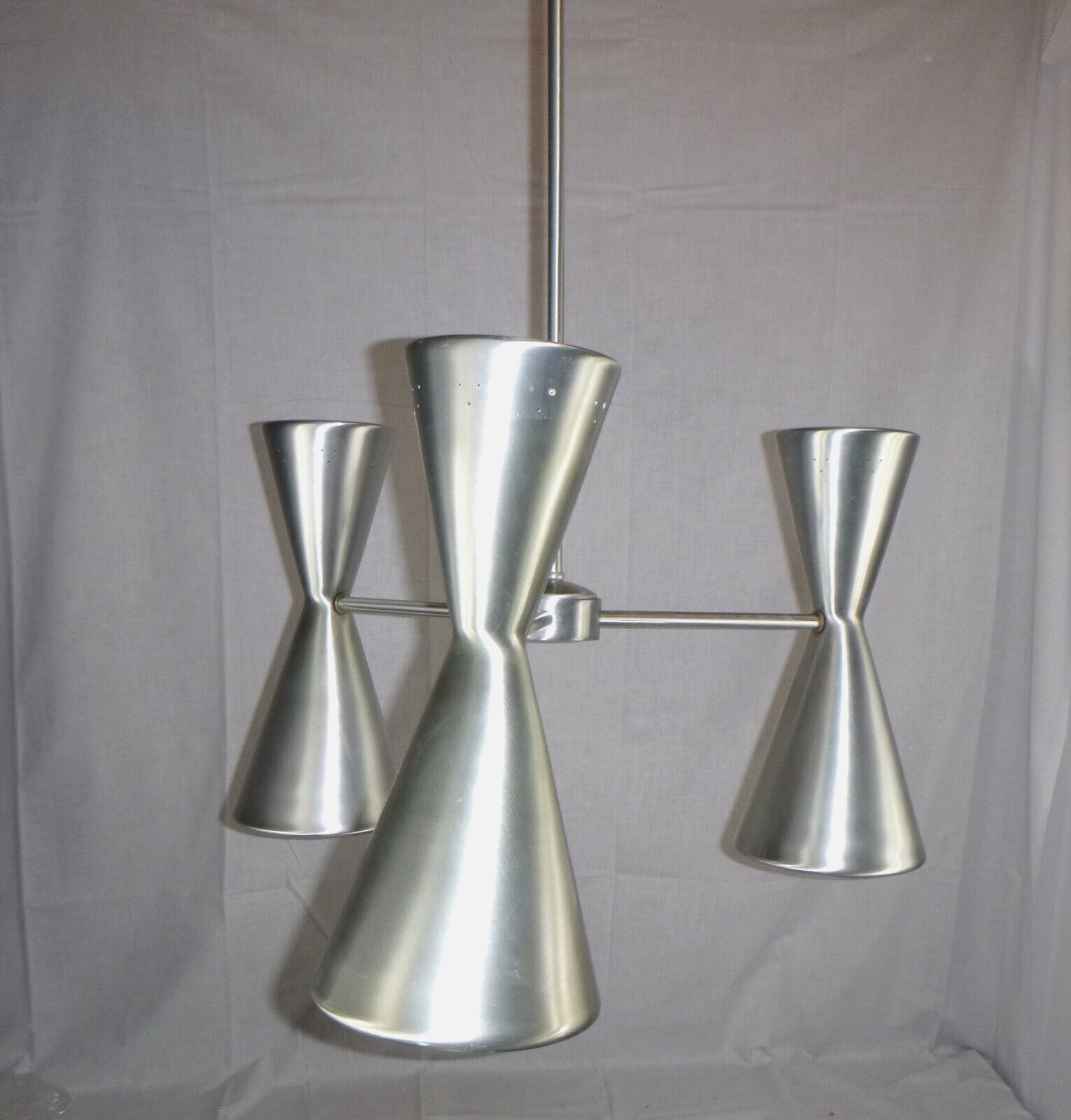Vtg Mid Century Modern Litecraft 3 Arm Hourglass Cone Aluminum Light Fixture Vtg Mid Century Modern Litecraft 3 Arm Hourglass Cone Aluminum Light Fixture
