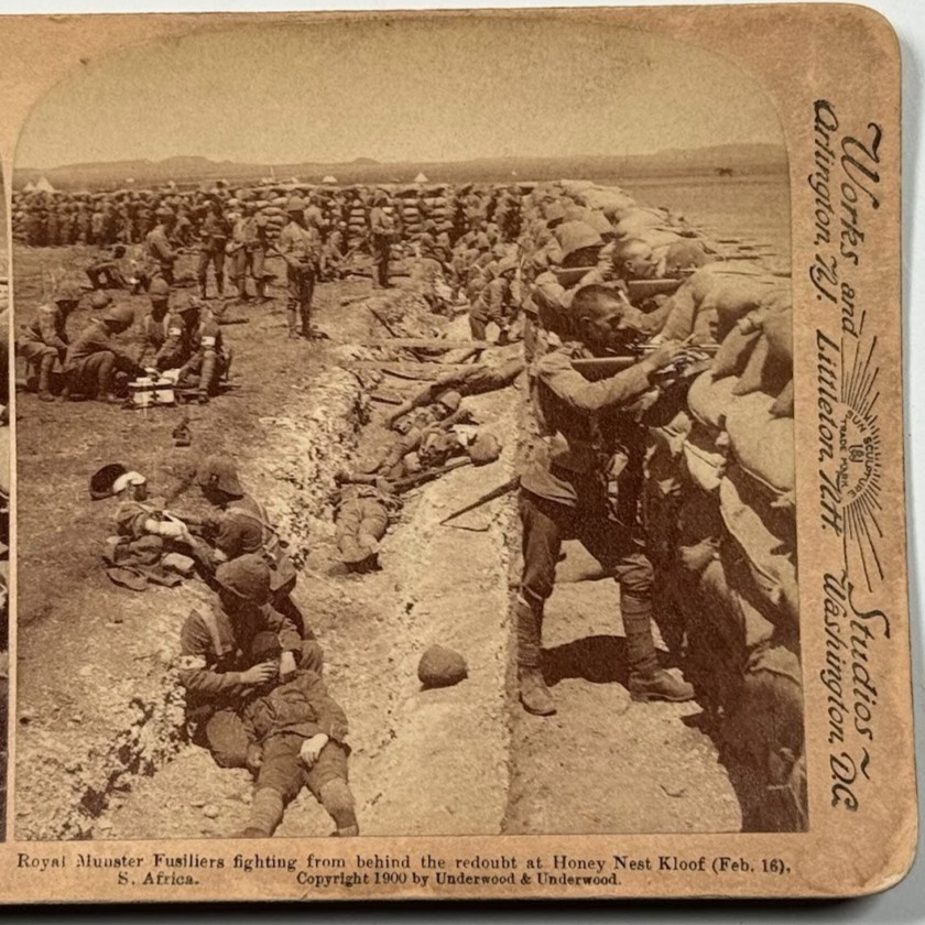Royal Munster Fusiliers Fighting from Behind the Redoubt at H.N Kloof Stereoview