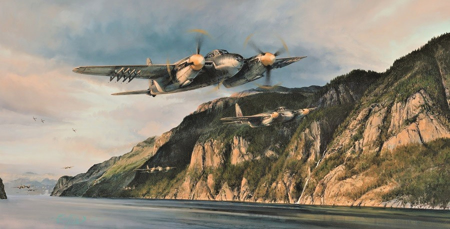 Dangerous Coast by Robert Taylor aviation art signed by 3 WW2 Mosquito Aircrew