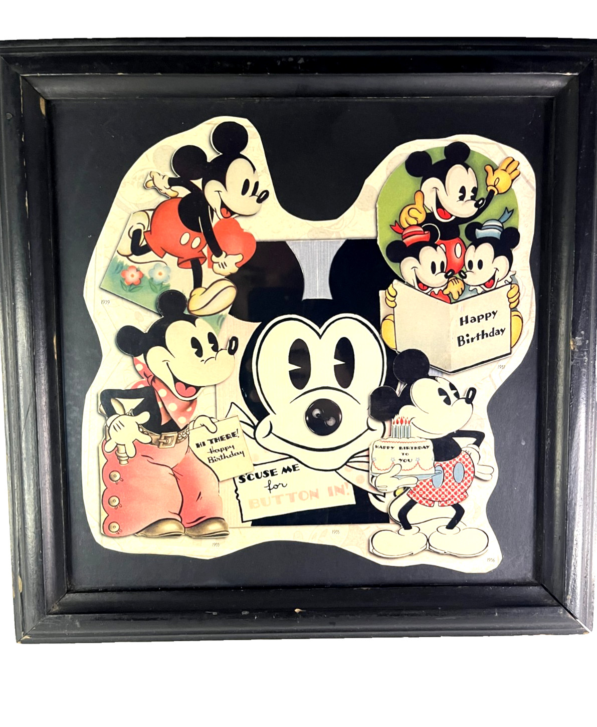 Antique Disney - Mickey Birthday Card Collage - 1930s - Framed - Retro Display