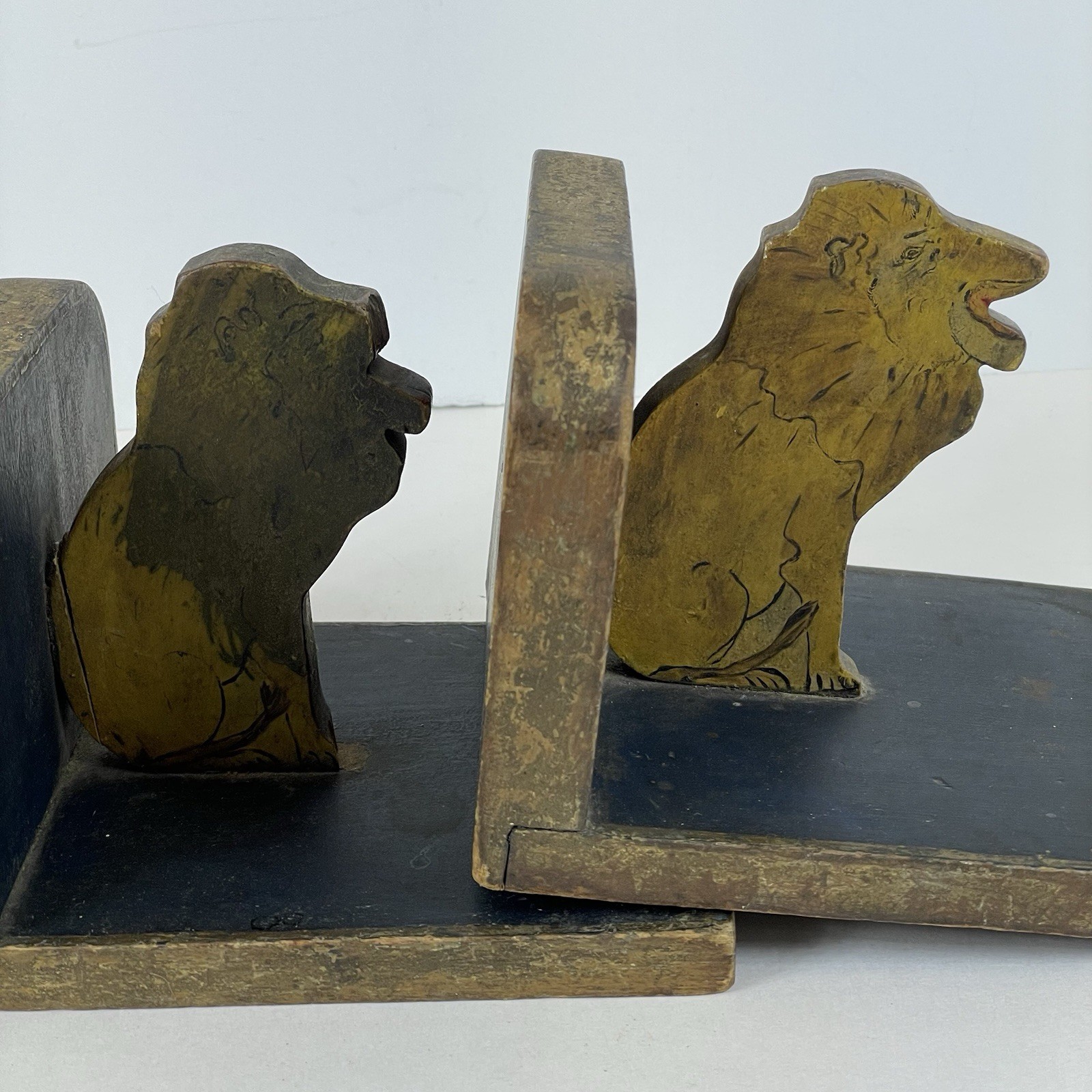 Vintage Hand Carved Hand Painted Wood Gold Lion Bookends Folk Art Old Paint