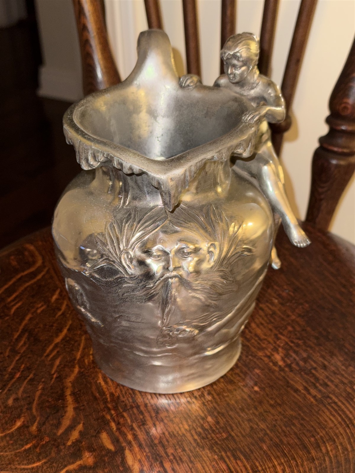ANTIQUE CHARLES PERRON ART NOUVEAU NUDE LADY PEWTER PITCHER SWIMMERS & WILD MAN 