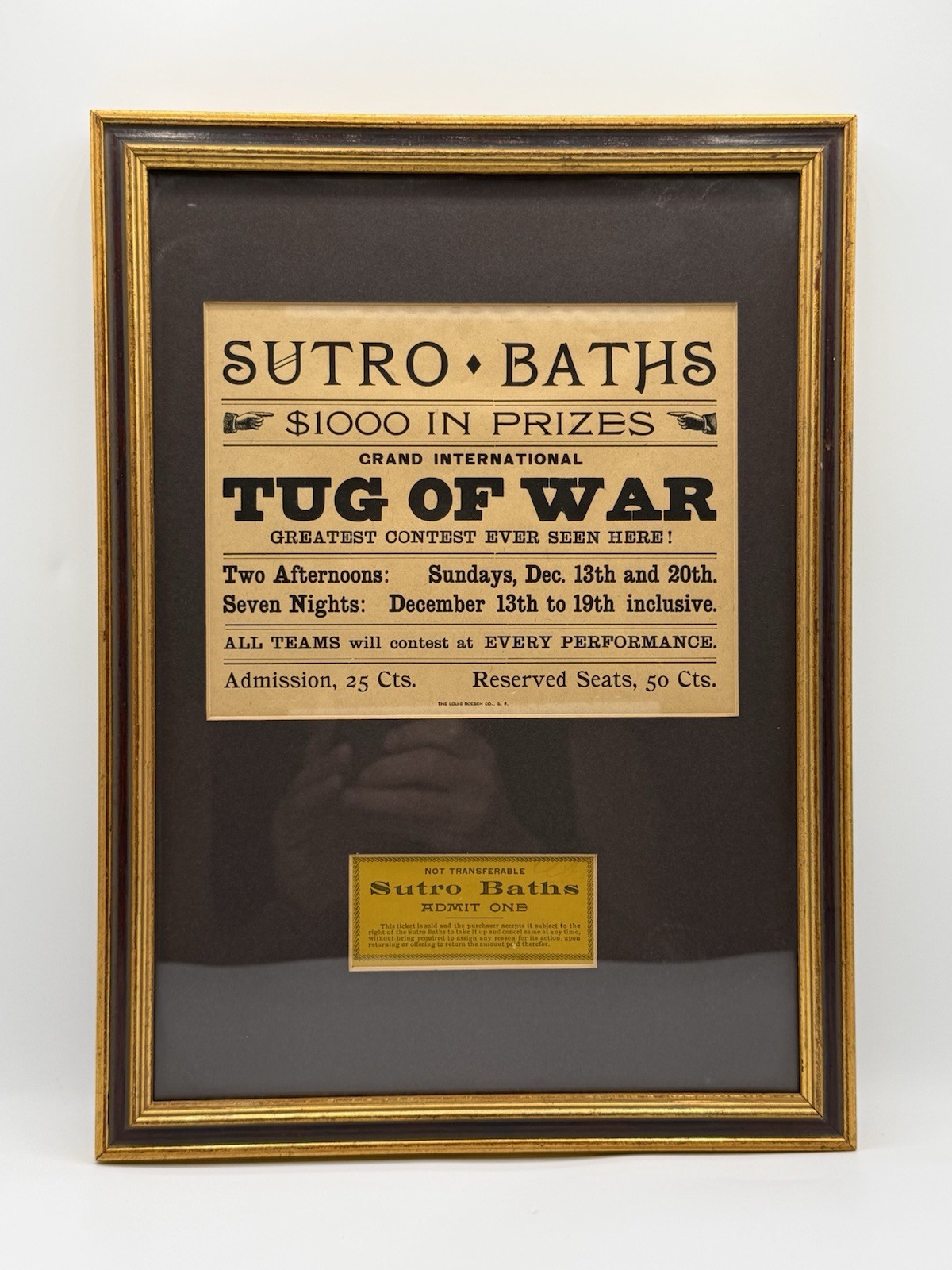 Sutro Baths Tug of War Ad & Admit One Ticket Framed San Francisco History