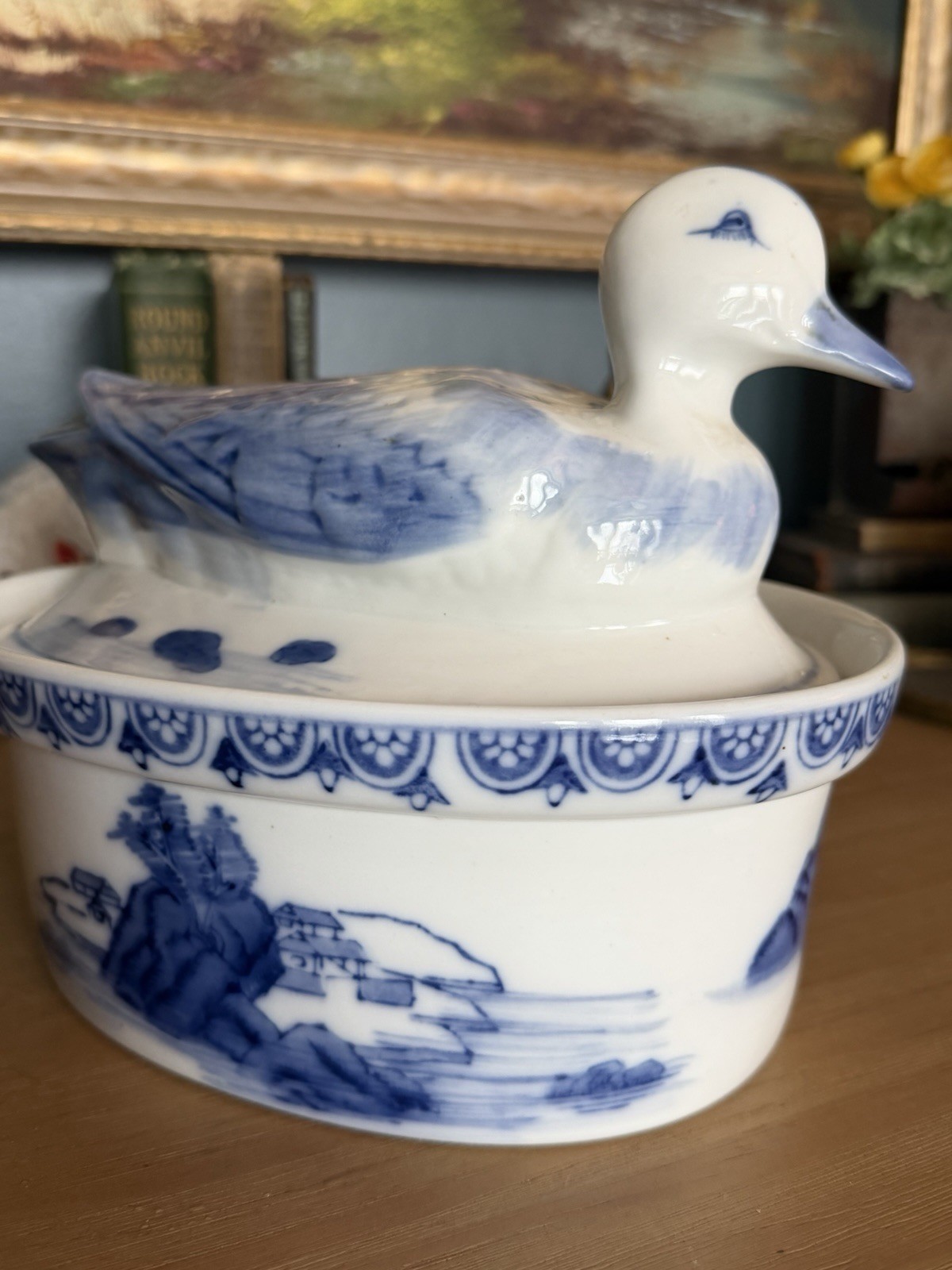 Vintage Blue White Porcelain Duck Tureen Chinoiserie Landscape Covered Dish 9”