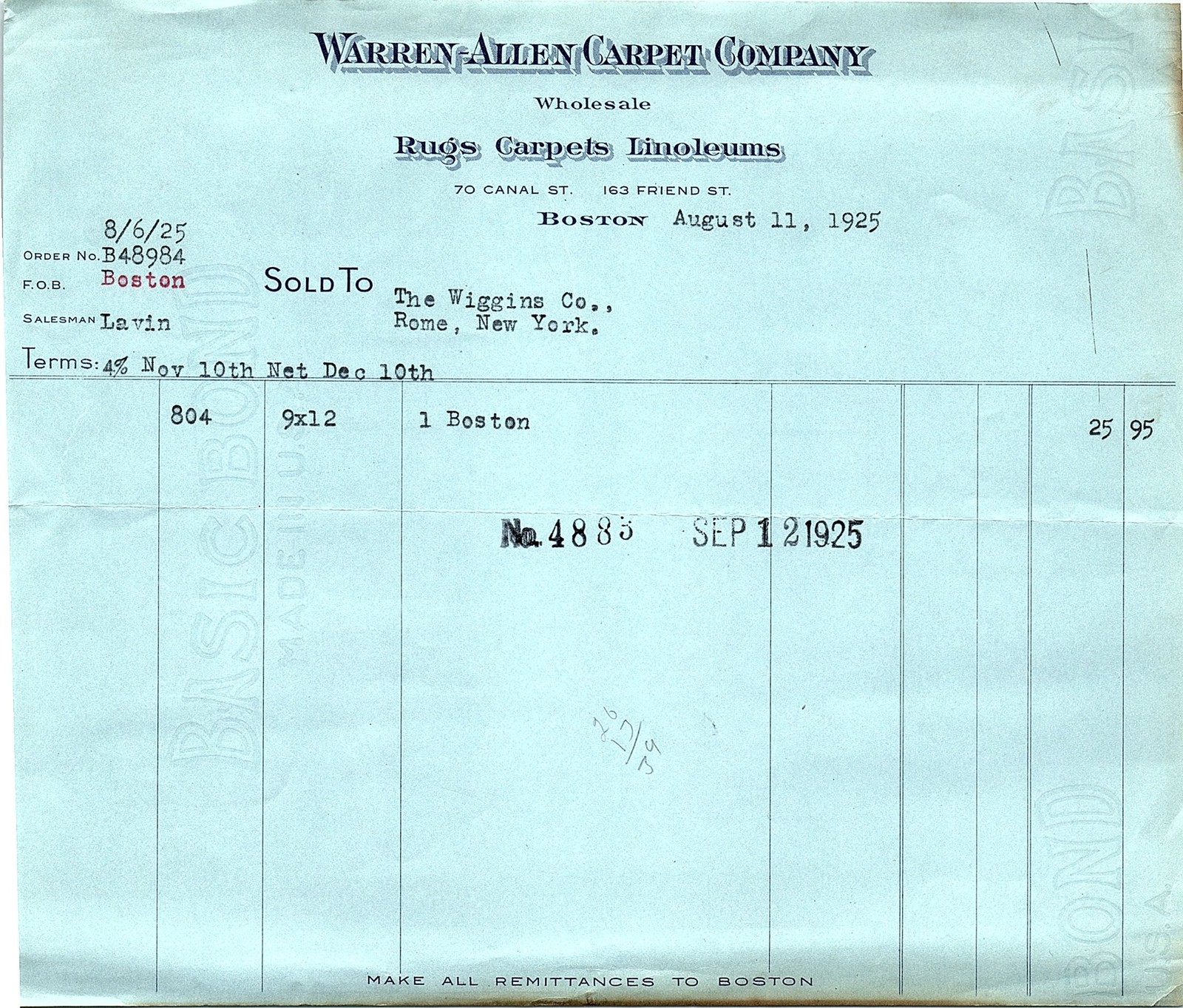 1925 Warren-Allen Carpet Co. billhead, Boston, MA 1925 Warren-Allen Carpet Co. billhead, Boston, MA