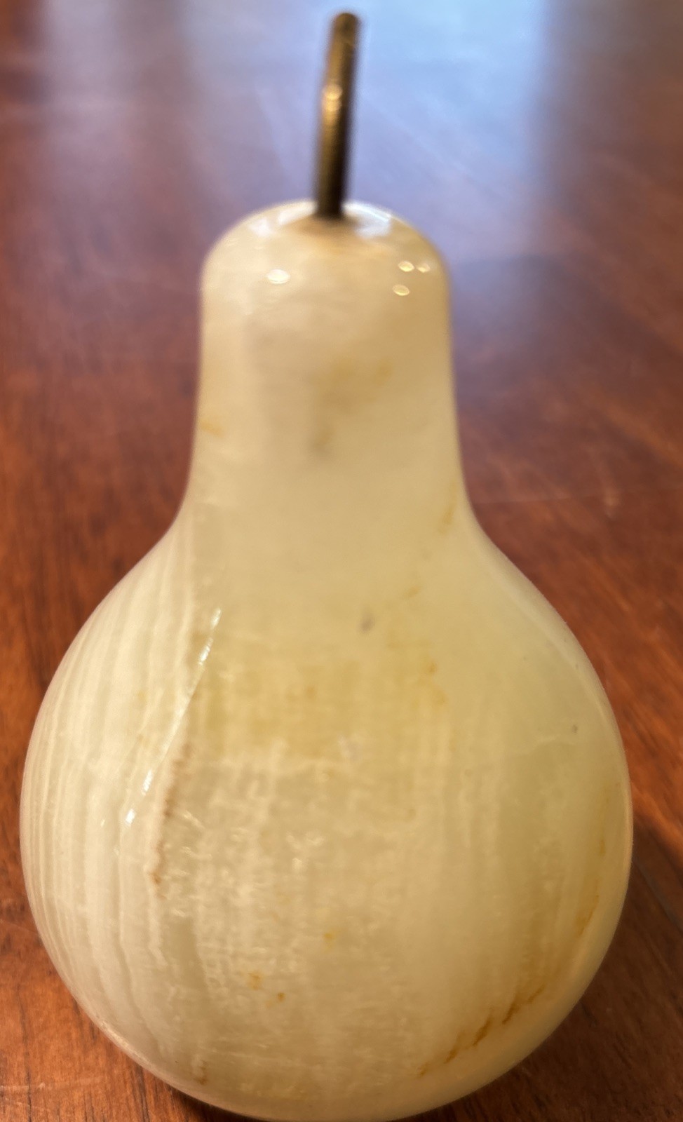 Vintage Polished Banded Onyx Stone Pear Paperweight Metal Stem Warm Yellow
