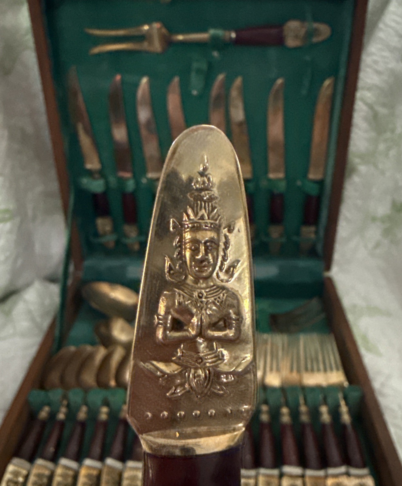 Vintage S Samran Thailand Bronze Flatware Set Wood Case MCM Buddha 28 Piece Vintage S Samran Thailand Bronze Flatware Set Wood Case MCM Buddha 28 Piece