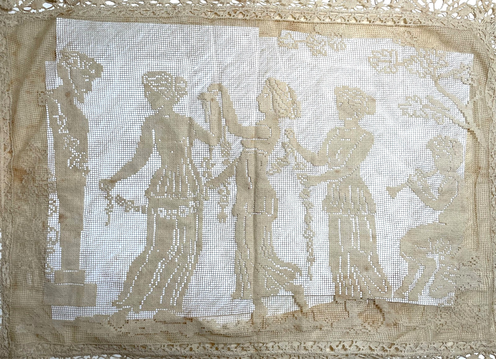 Antique Filet Needle Lace Figural Scene Pillow Case Pan Nymphs Grecian Gods