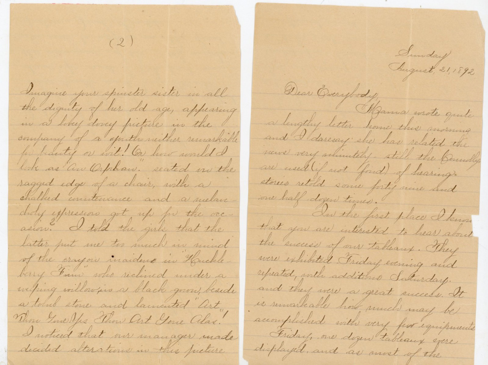 1892 Antique Letter Huckleberry Finn Mark Twain Mention Tableau Theater A