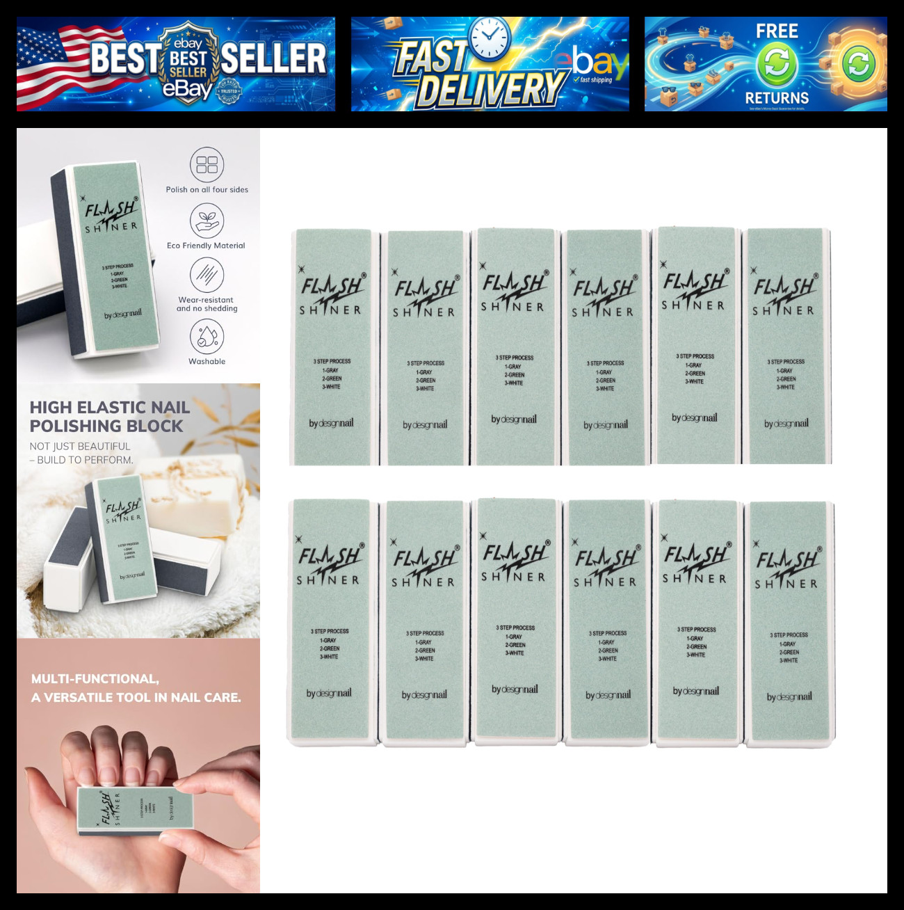 Flash Shiner® Block – 3-Way Nail Buffer (Gray/Black, Green & White) – Profession