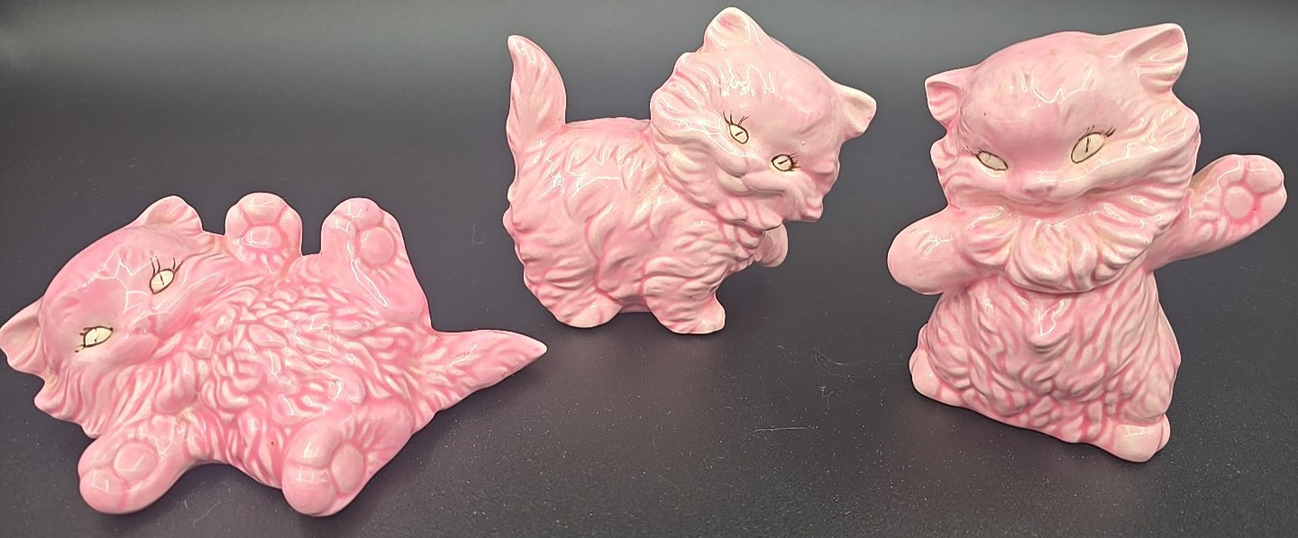  3 Vtg Hand Painted Ceramic Kittens Pink Kitschy Retro Signed Unique Nostalgia 
