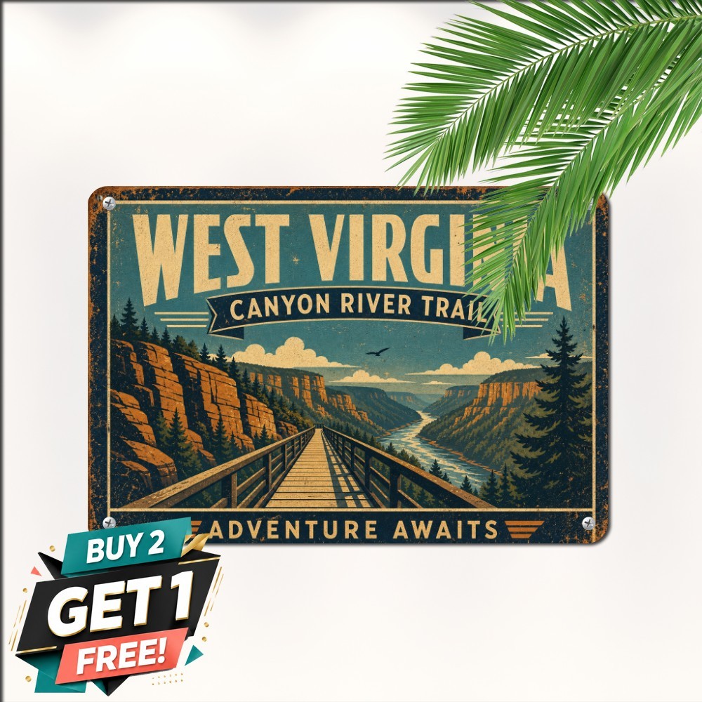 West Virginia River Canyon Nature Trail Hiking Retro Metal Tin Sign 8x12