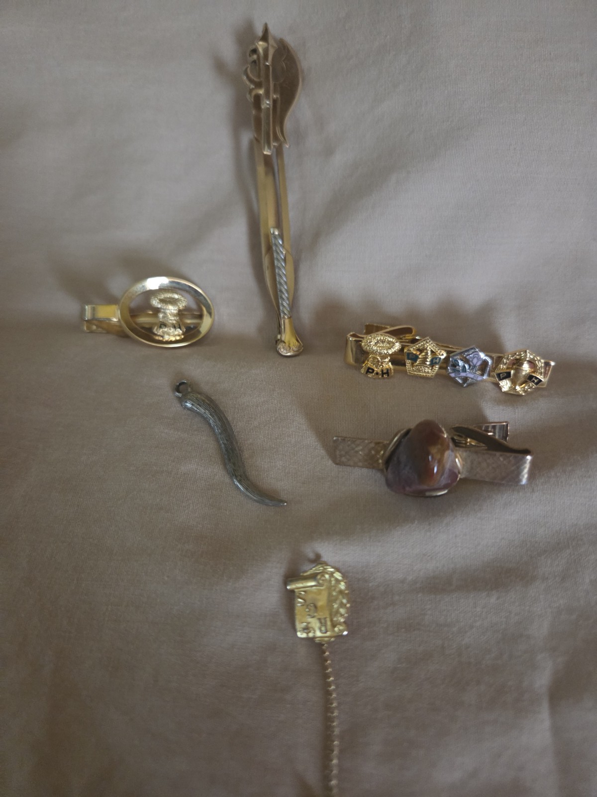 Vintage Mens Tie Clip Bar Lot 6pc Grange P of H 7th Degree Anson Sword Jasper