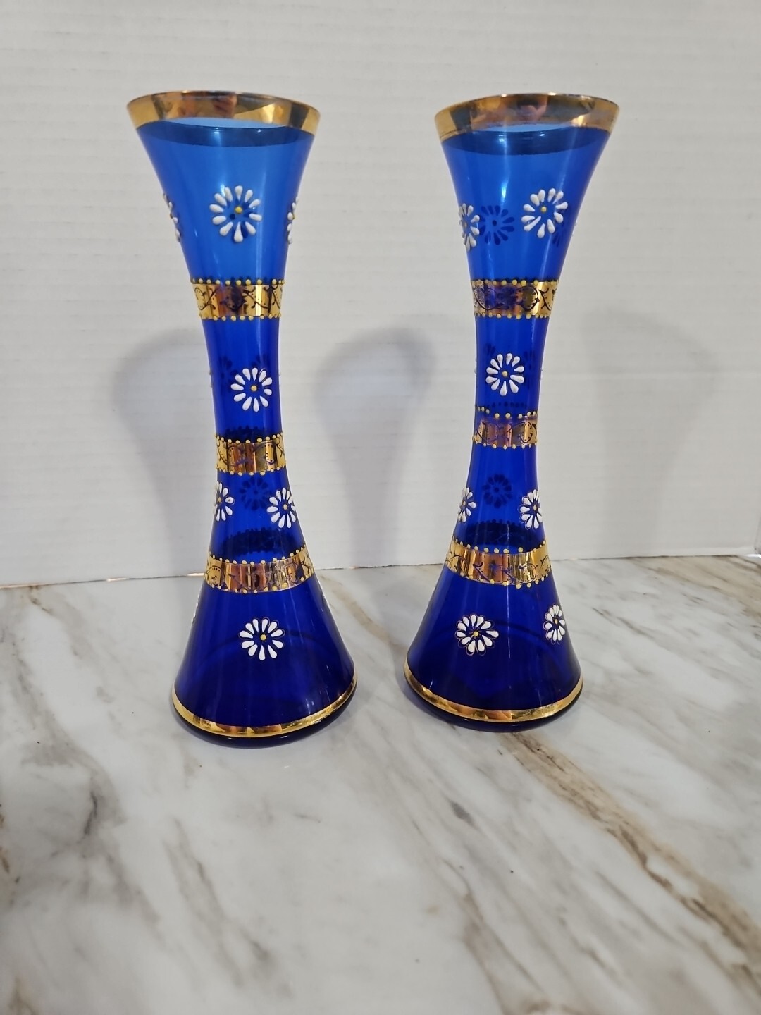 Vtg Cobalt Blue Flower Vases Bud Vase Handpainted Flroal Design With Gold Accent