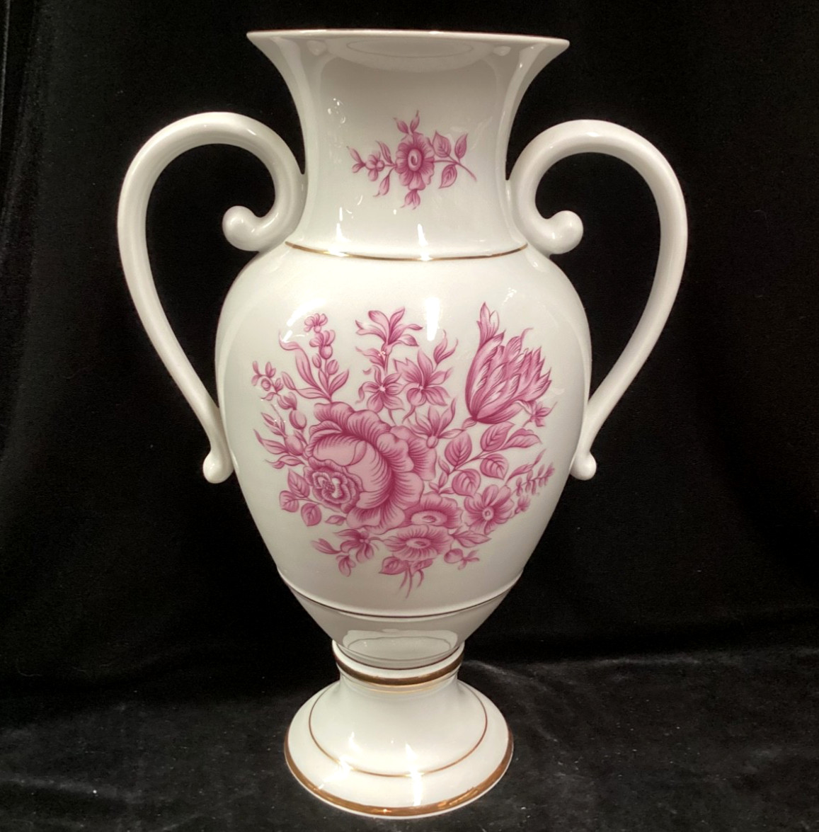 Vintage Hollohaza Hungary Porcelain Pink Raspberry Gold Urn Vase 11.5\