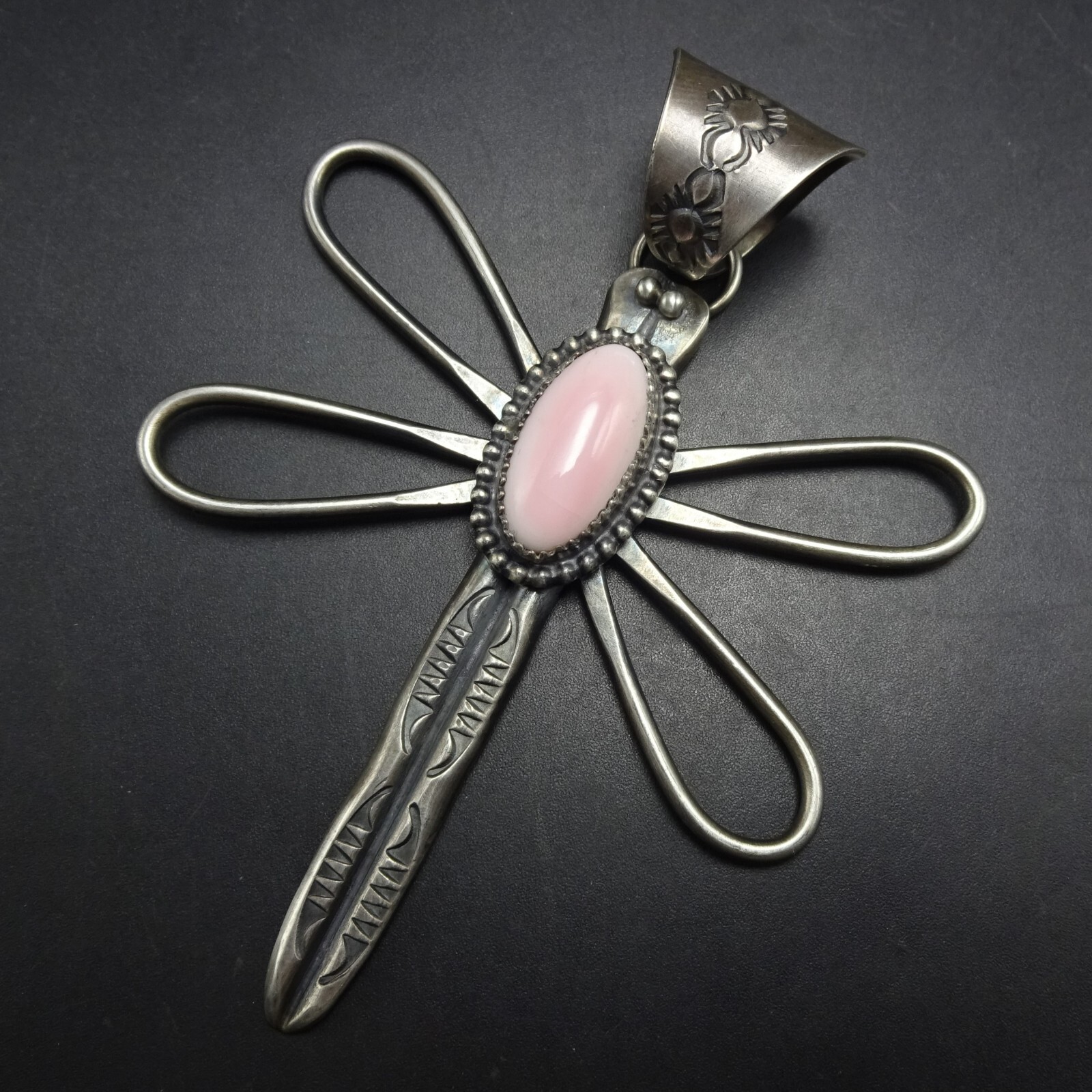 DELBERT SECATERO Navajo PINK CONCH SHELL Sterling Silver DRAGONFLY PENDANT