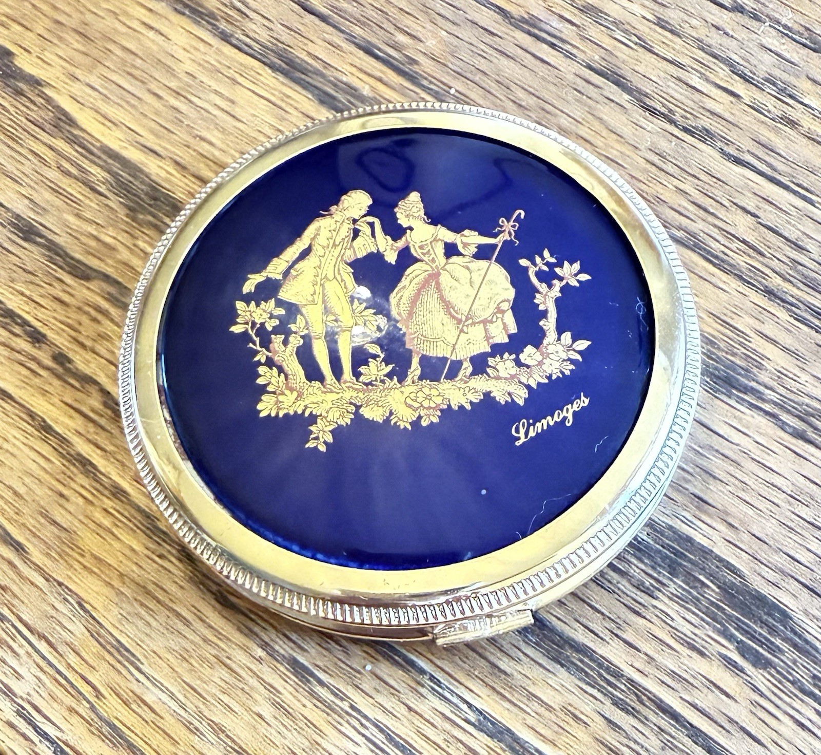 Vintage Limoges Powder Compact Cobalt Blue Courting Couple