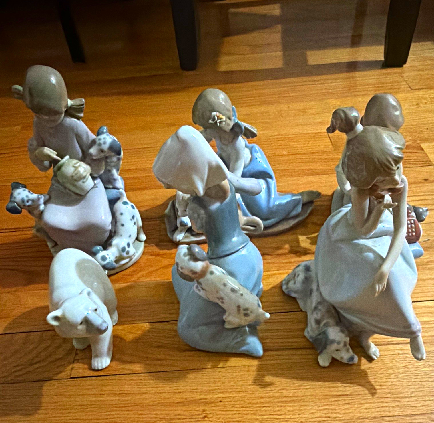 Lladró Porcelain Figurine Set of 6 Women w/ Dogs Spain 1987 Blue White
