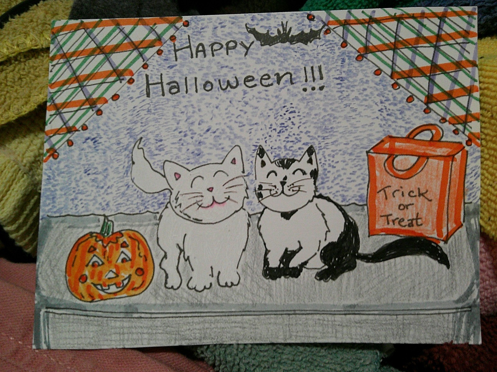 Vintage Style Halloween Greeting Card - Cute Cat Trick or Treat - Handmade
