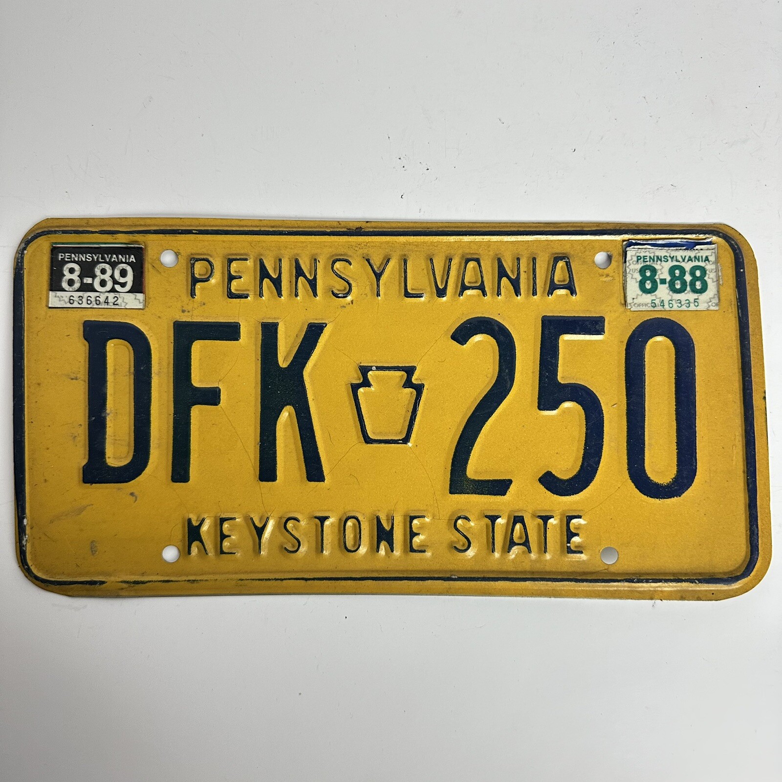 Vintage Pennsylvania DFK 250 License Plate Yellow 8-88 8-89 Stickers Vintage Pennsylvania DFK 250 License Plate Yellow 8-88 8-89 Stickers