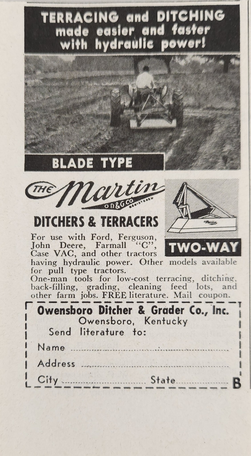 1951 Print Ad Martin Ditchers & Terracers for Farm Tractors Owensboro,Kentucky