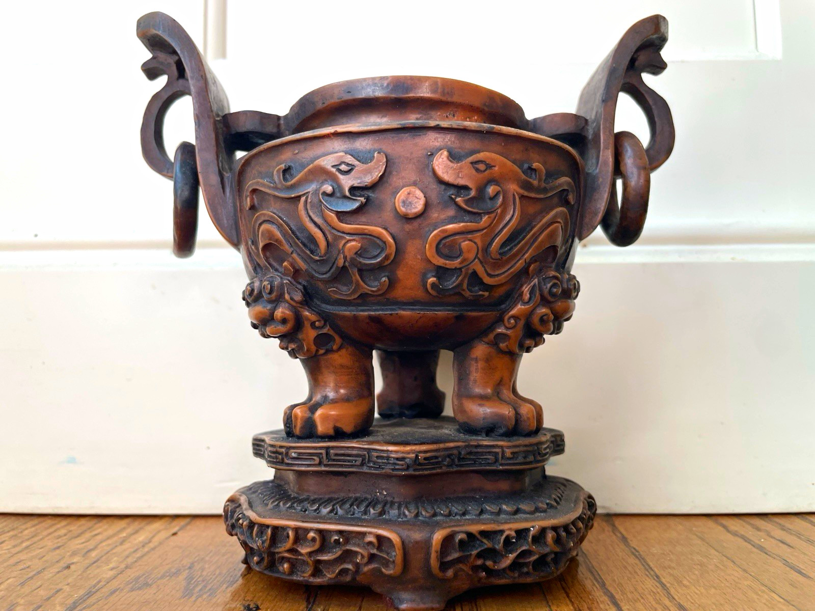 Vintage Chinese Carved Wood Ding Censer Urn Dragon Phoenix 8”