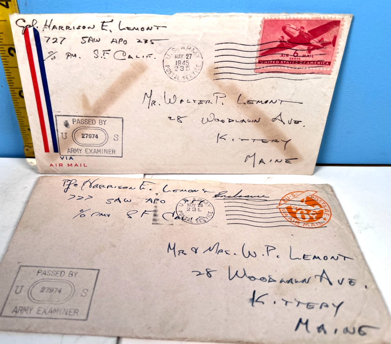 Pair of 2 U.S. Army Passed 1945 War Time Envelopes