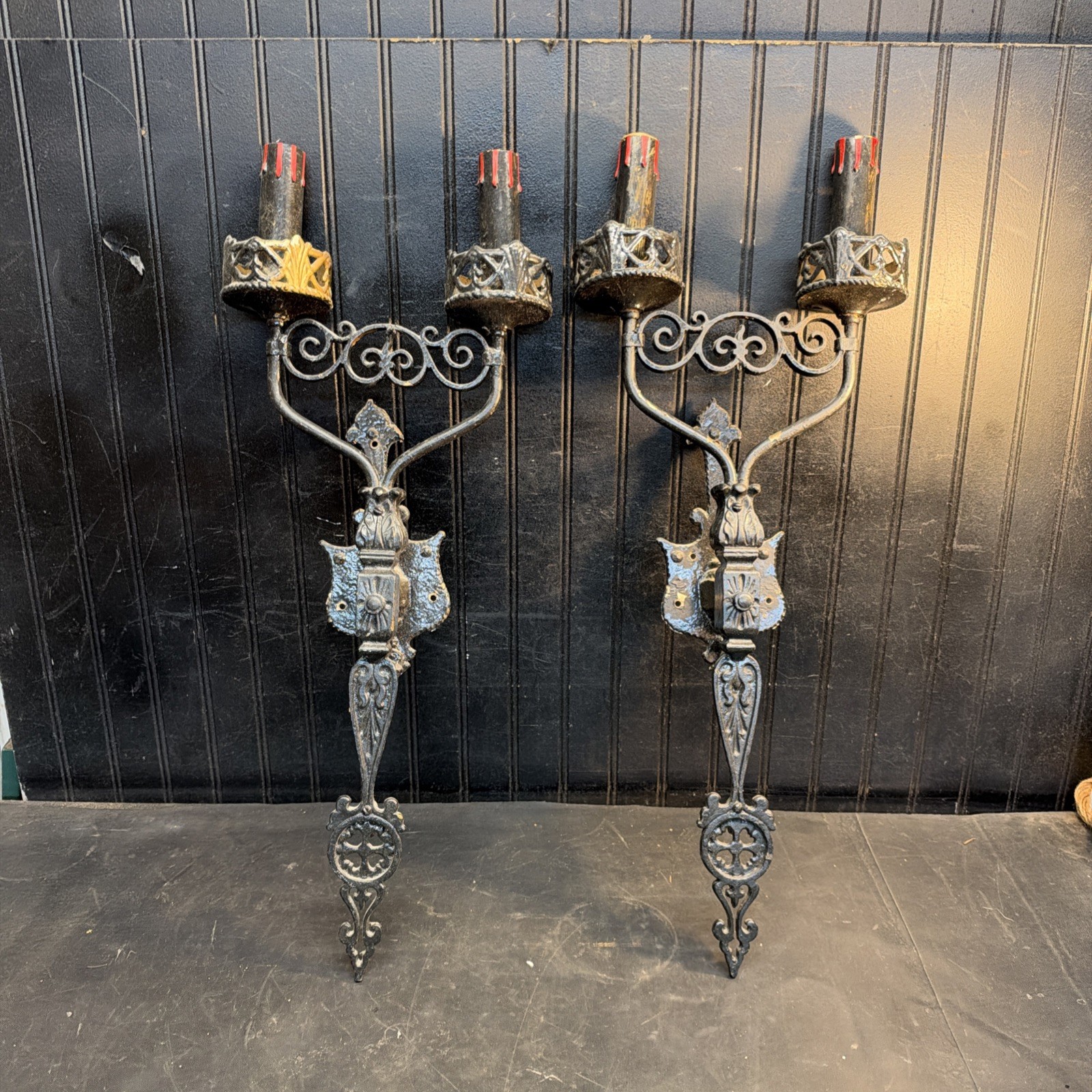 PAIR VINTAGE TUDOR CASTLE GOTHIC WALL SCONCES 26”x10.5” 
