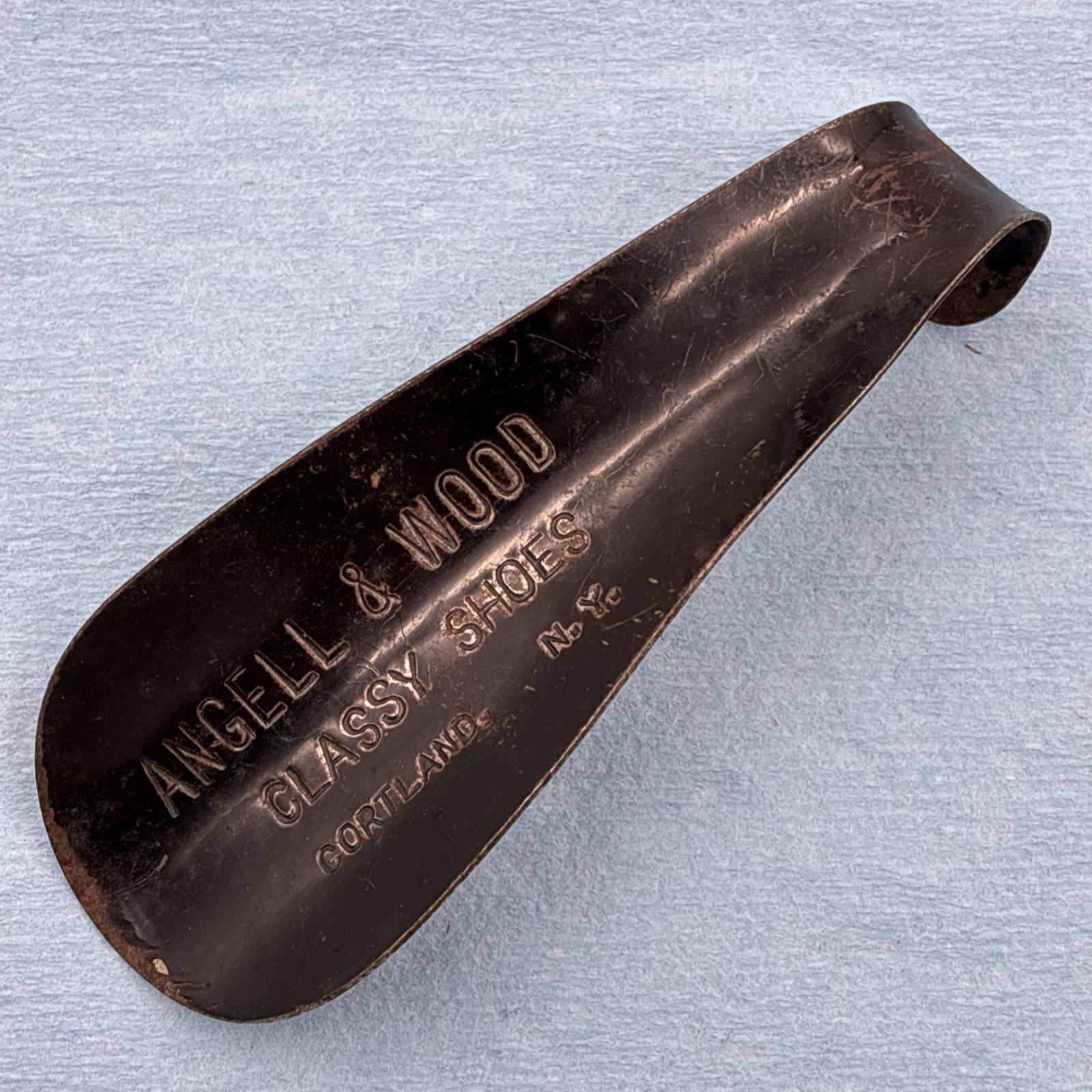 Vintage ANGELL & WOOD CLASSY SHOES Metal Shoe Horn Cortland NY Advertising a524