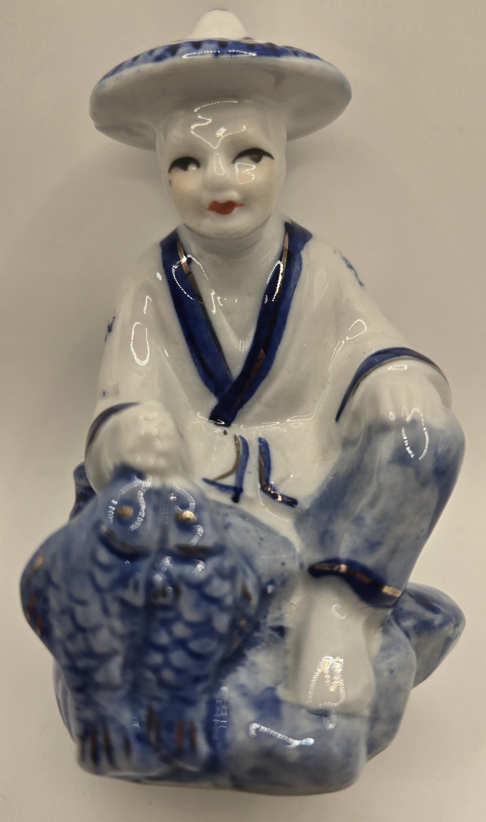 Vtg Porcelain Figure Statue Chinese Fisherman 2 Fish Blue and Gold Vtg Porcelain Figure Statue Chinese Fisherman 2 Fish Blue and Gold