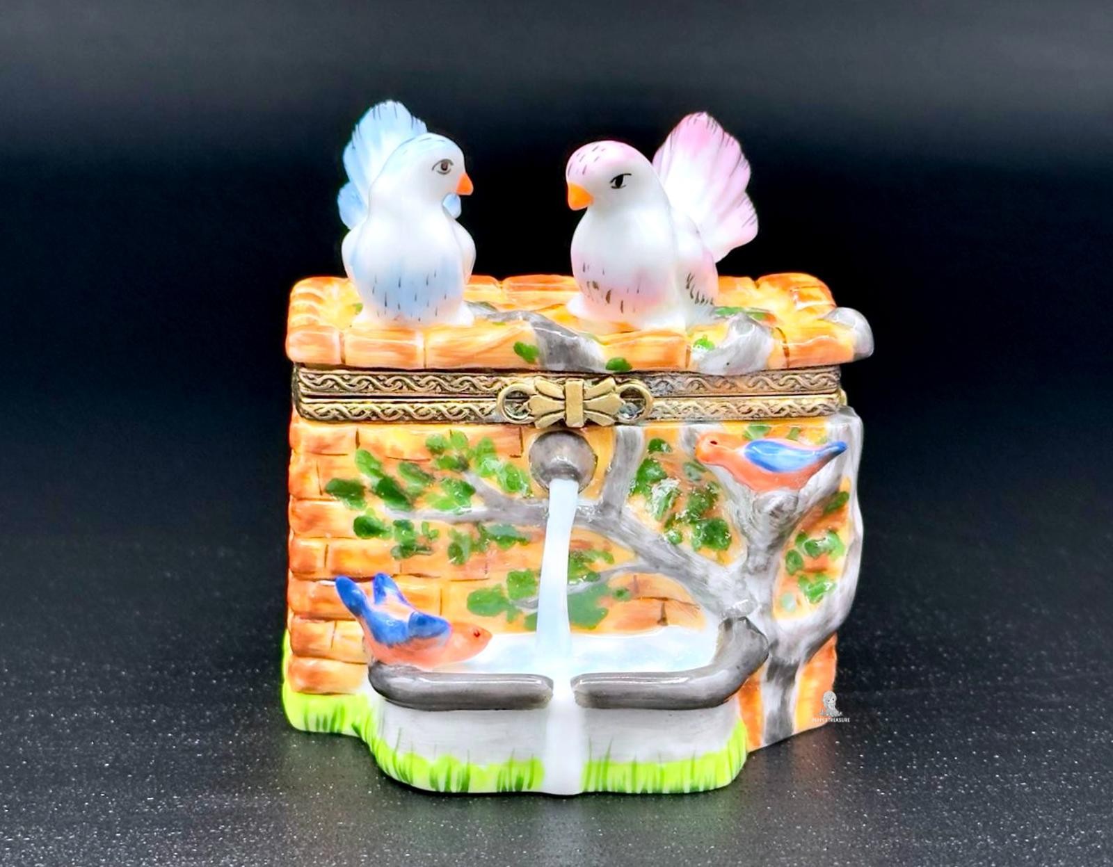 Authentic Rochard Limoges Bird Bath Fountain Trinket Box Doves Bluebirds France Authentic Rochard Limoges Bird Bath Fountain Trinket Box Doves Bluebirds France