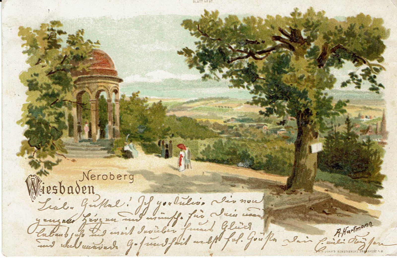 Postcard of Wiesbaden, temple on the Neroberg, artist card, A. Hartmann, gel. 1899 Postcard of Wiesbaden, temple on the Neroberg, artist card, A. Hartmann, gel. 1899
