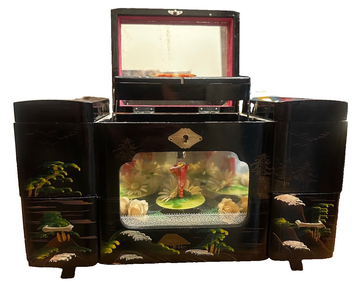 Vintage Japanese Black Lacquer Jewelry Box 1940’s Music Box Works Geisha Spins