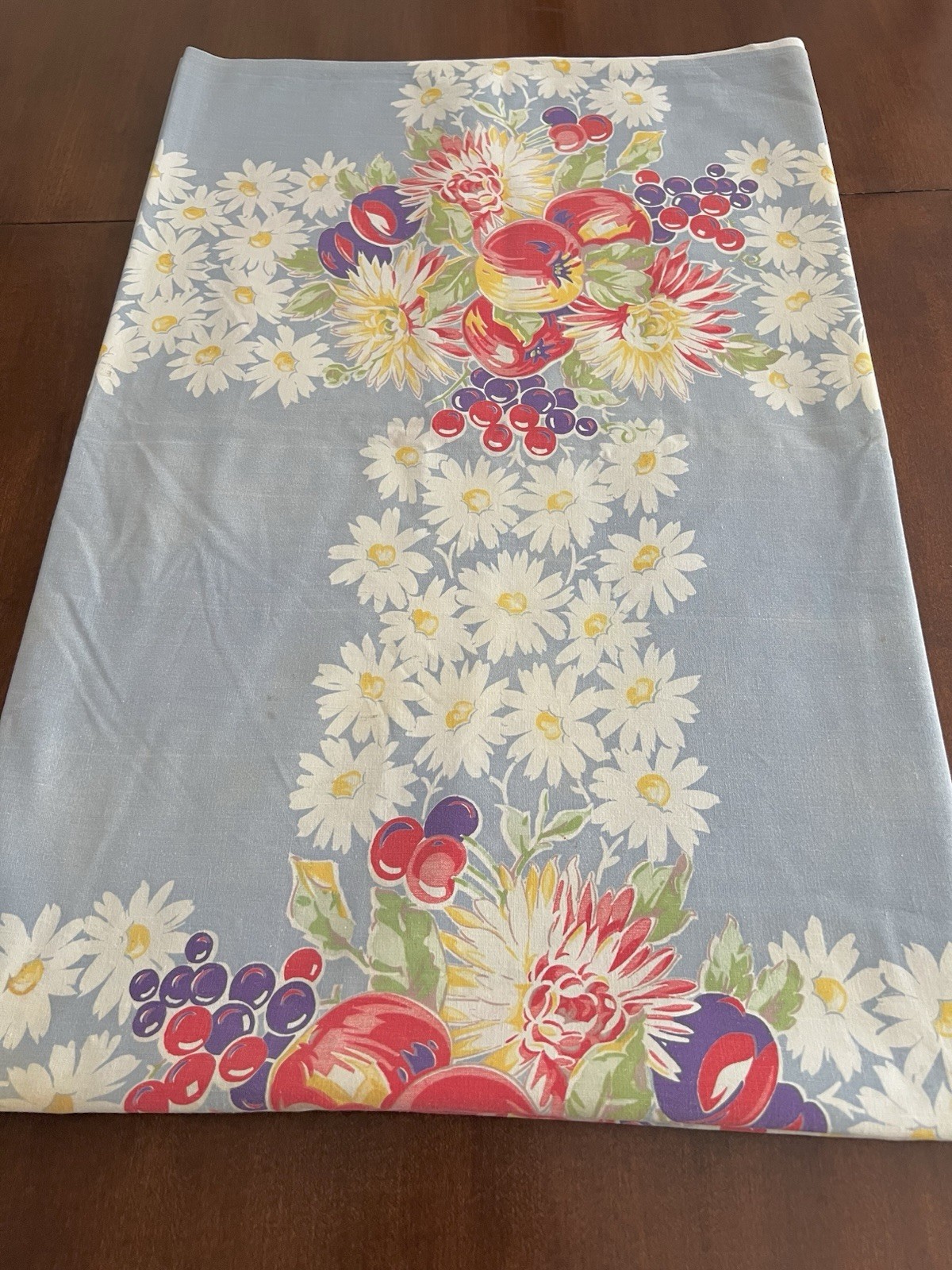 Vintage Fruit And Daisy Cotton Tablecloth Pale Blue Background Repurpose