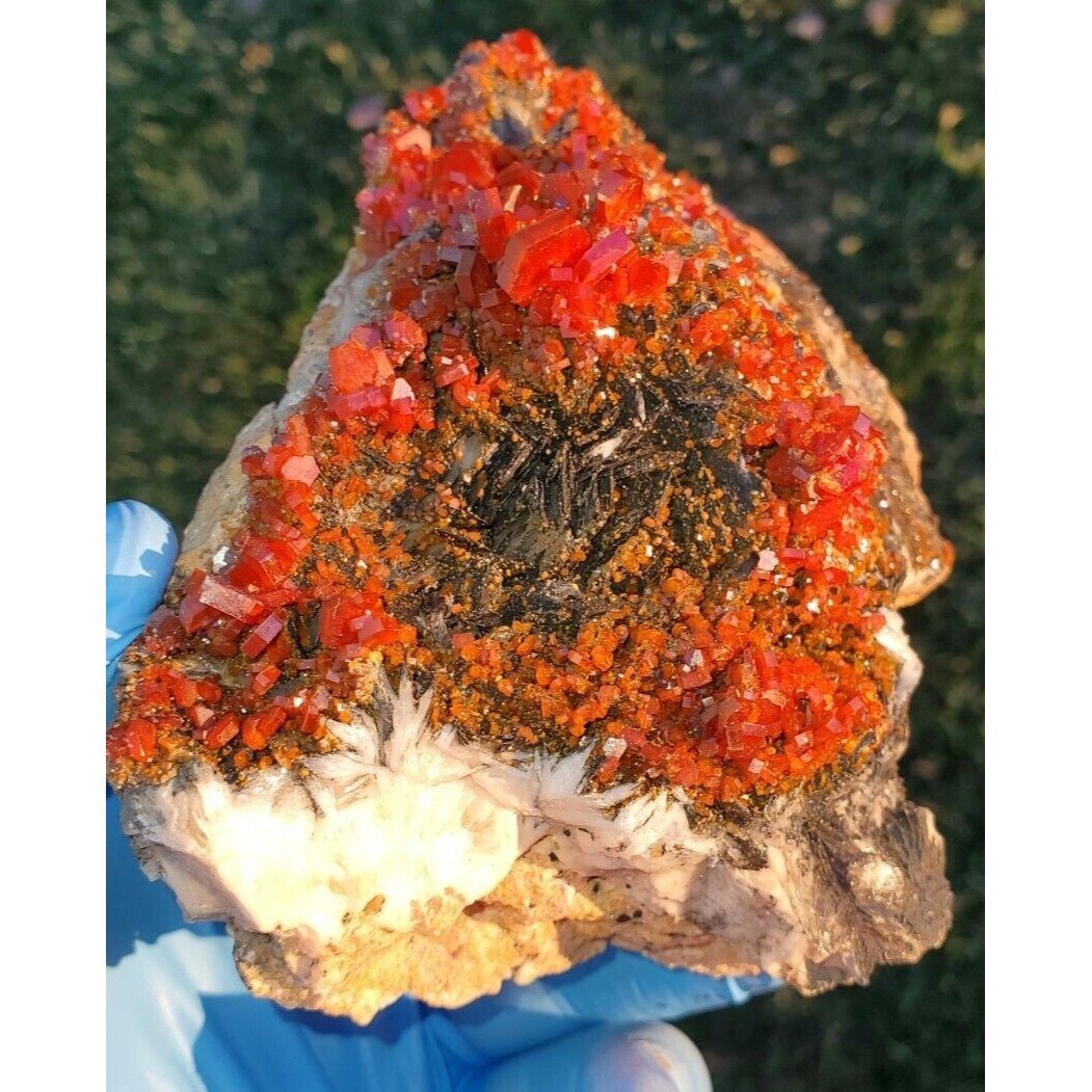 A++++ SPECTACULAR BIG FIRE RED VANADINITE CRYSTALS ON BARITE AND MANGANESE 1170g A++++ SPECTACULAR BIG FIRE RED VANADINITE CRYSTALS ON BARITE AND MANGANESE 1170g