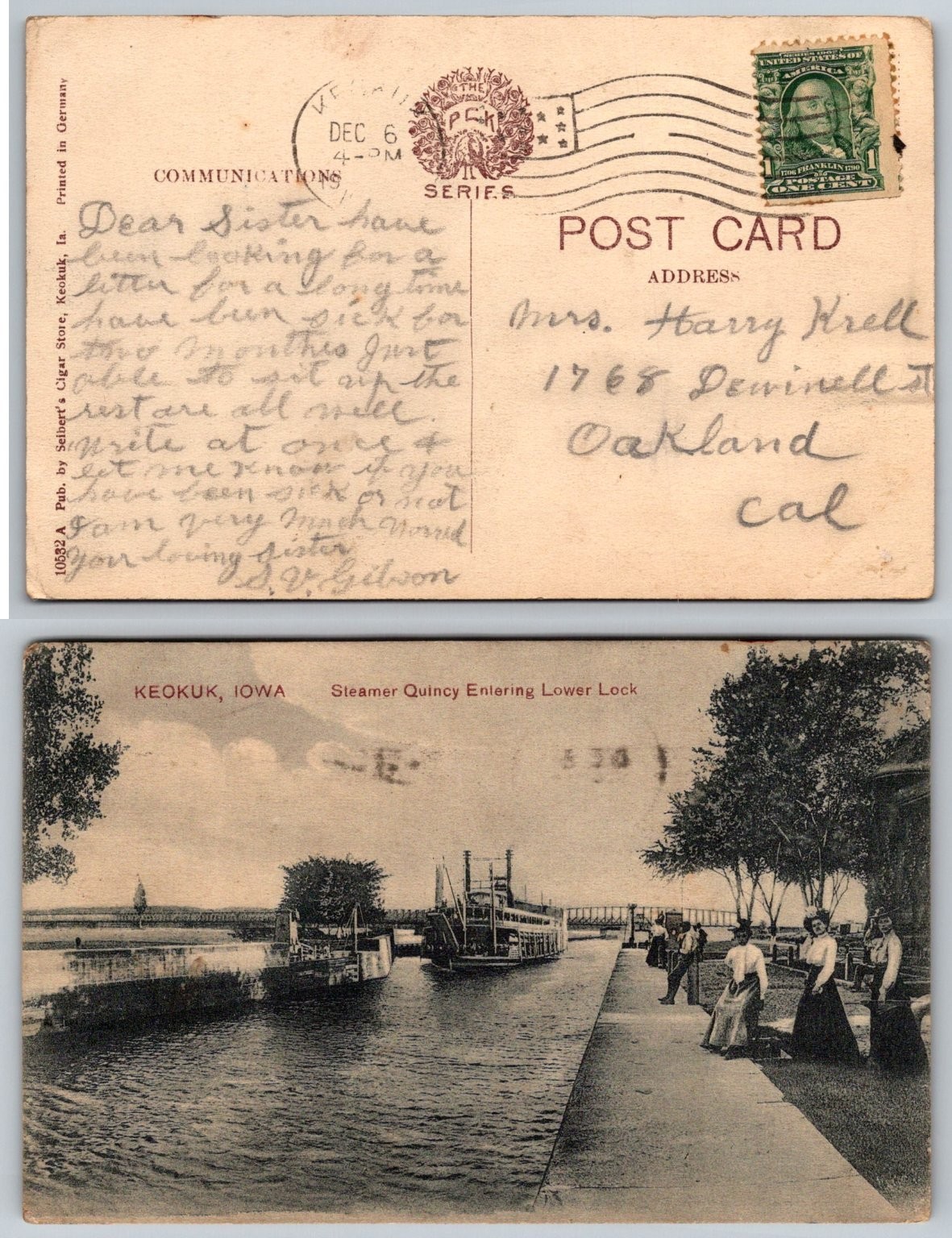 Keokuk Iowa Steamer Quincy Riverboat Entering Lower Lock Vintage Postcard Keokuk Iowa Steamer Quincy Riverboat Entering Lower Lock Vintage Postcard